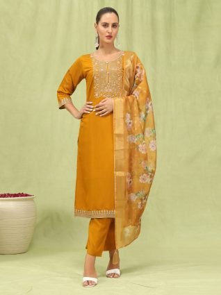 Women   s Viscose Roman Silk Embroidery Straight Kurta Pant with Dupatta Set