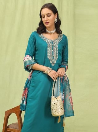Women   s Viscose Roman Silk Embroidery Straight Kurta Pant with Dupatta Set