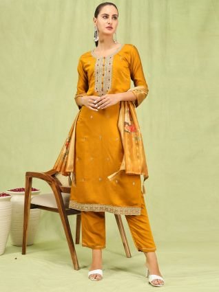 Women   s Viscose Roman Silk Embroidery Straight Kurta Pant with Dupatta Set