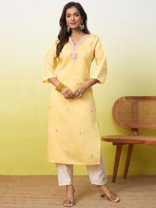 Yellow Women Embroidered Silk Blend Straight Kurta