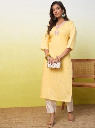 Yellow Women Embroidered Silk Blend Straight Kurta