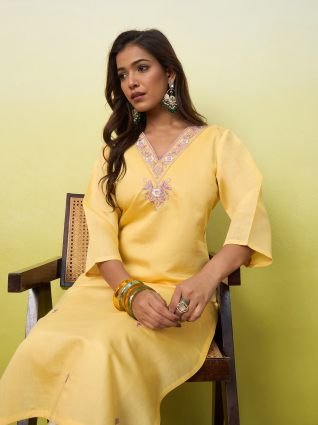Yellow Women Embroidered Silk Blend Straight Kurta